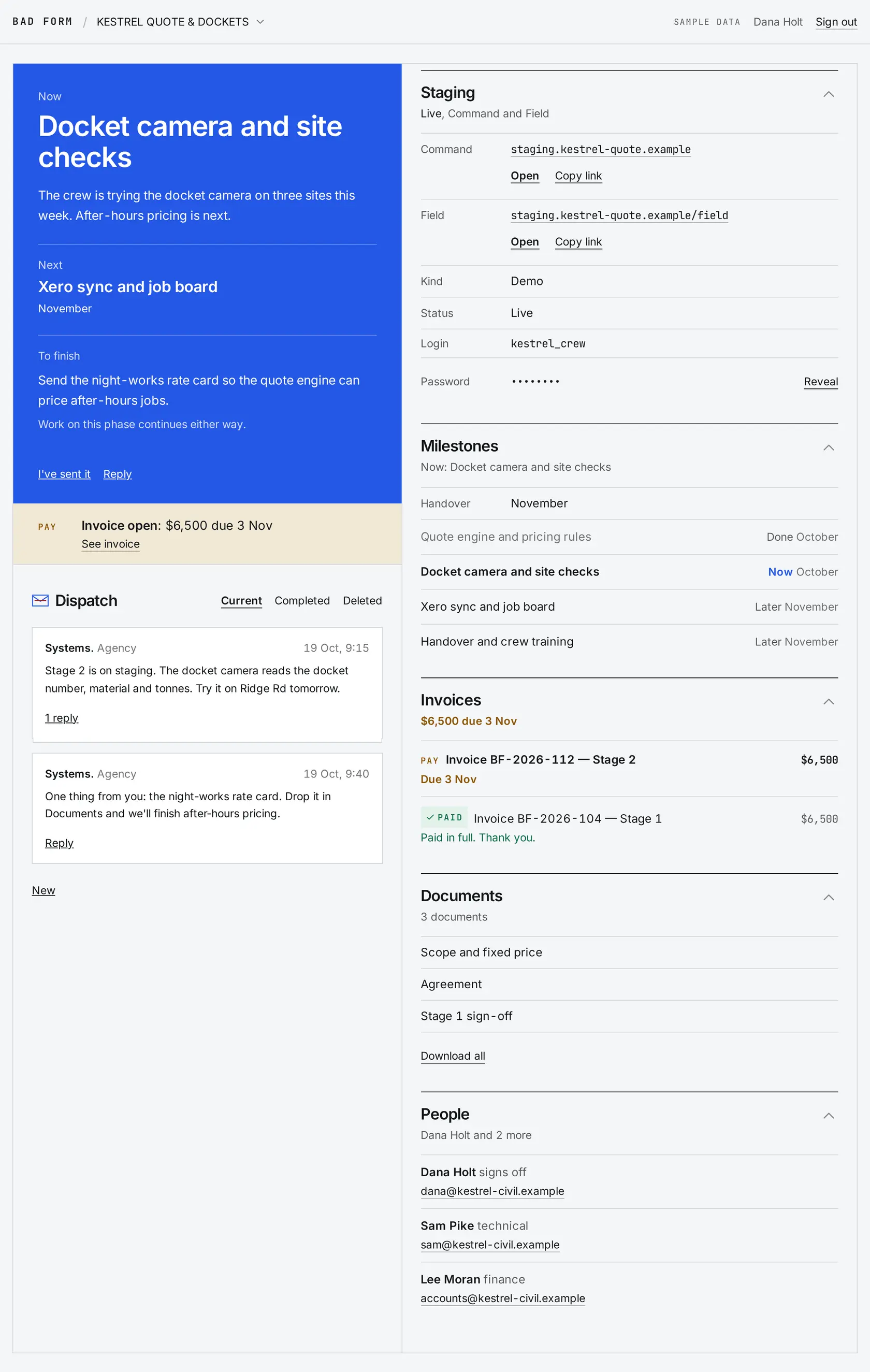 The client portal's project page for an example civil contractor: the stage being built now, the next stage, one thing waiting on the client, an open invoice, staging links and milestones.